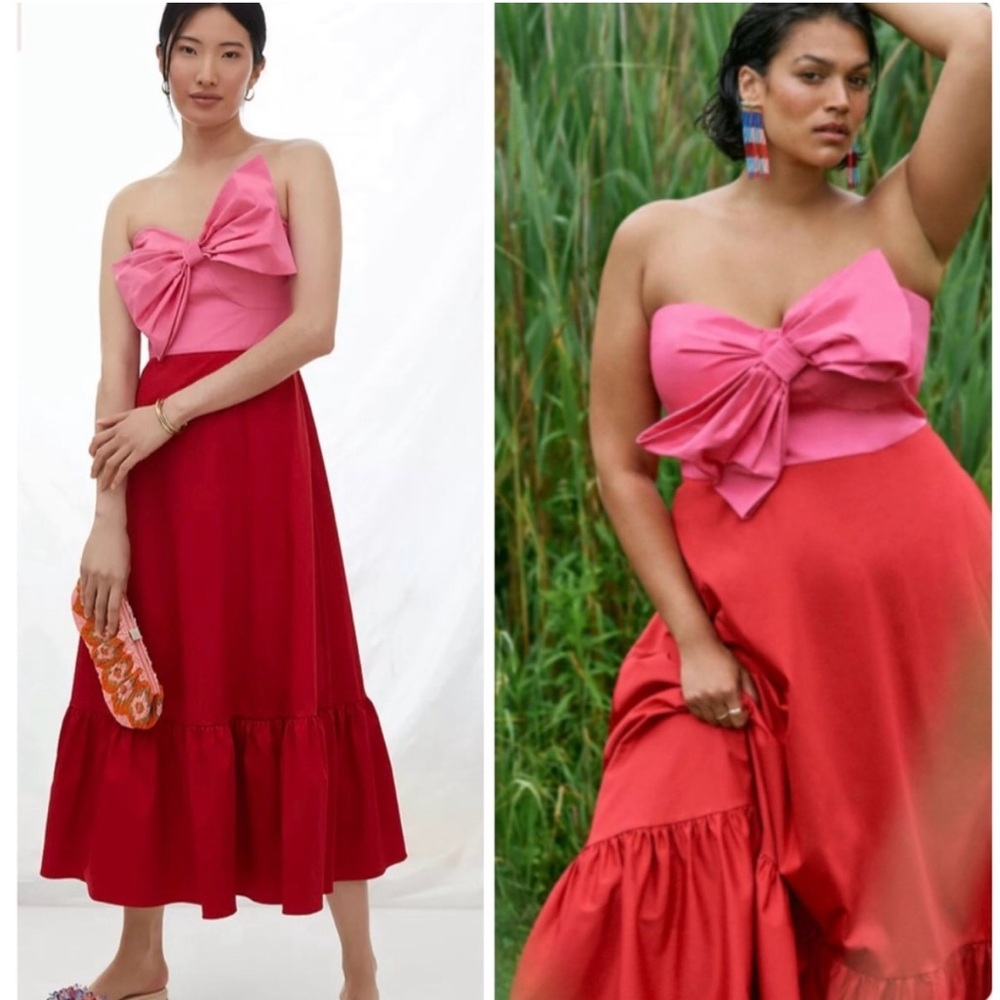 Anthropologie Hutch Bow-Tie Red & Pink Maxi Dress w/Pockets